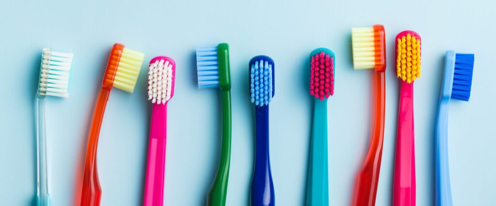 Colorful toothbrushes.